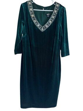 NWT SLNY Green Velvet Dress Embellished Beaded 3/4 Sleeve Sz 14 Holiday Party
